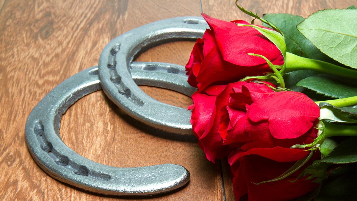 Kentucky Derby Red Roses with Horseshoes on Wood