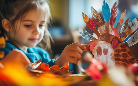 thankgiving rituals girl with paper turkey