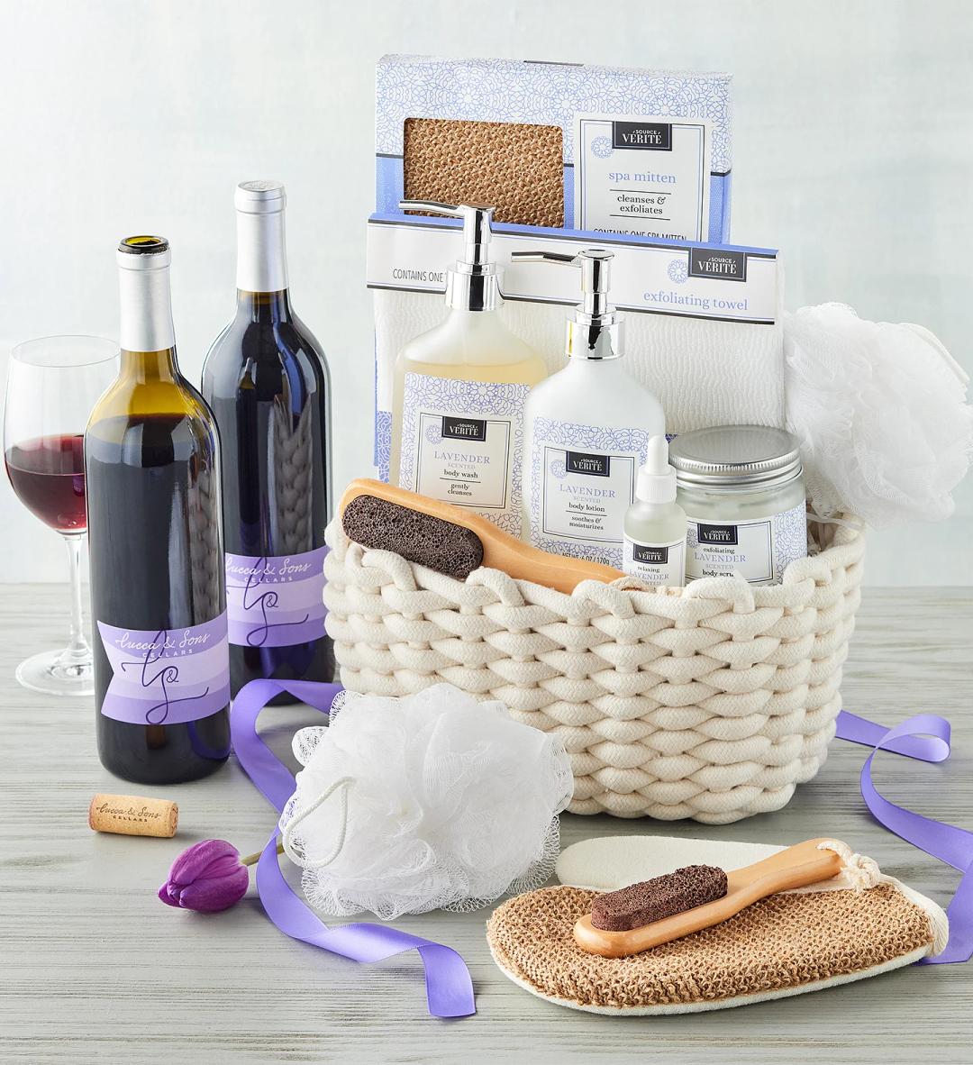 push present ideas Denarii Lavender Spa Gift Basket with Wine