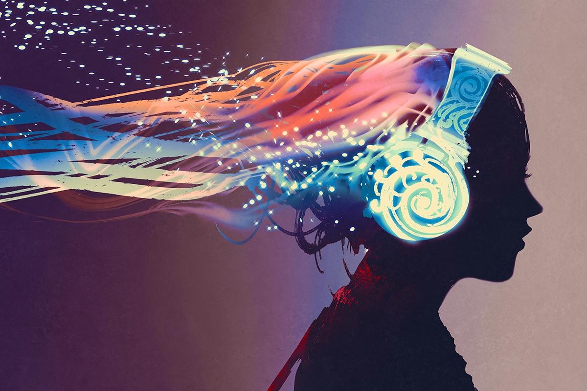 woman with magic glowing headphones on dark background,illustrat