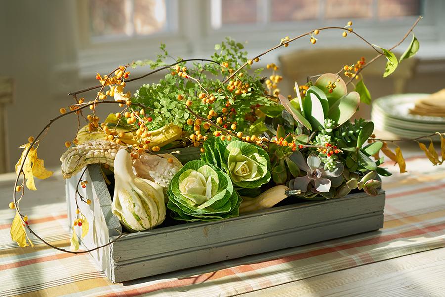 thanksgiving centerpiece ideas with Gourd Trug with Bittersweet Branches