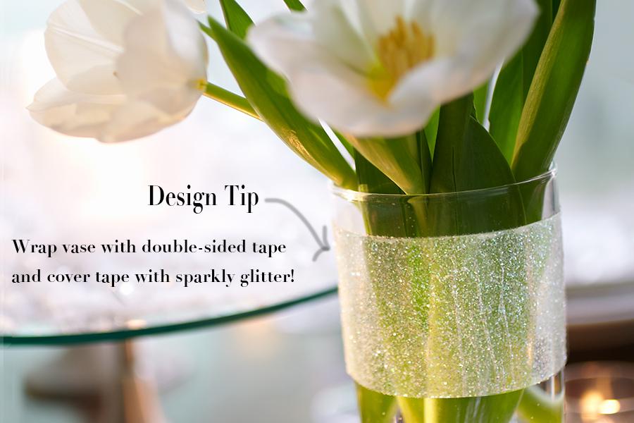diy winter centerpieces with Creating strip of glitter around a clear vase