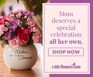 A graphic reminding visitors to shop for moms for Mother's Day.