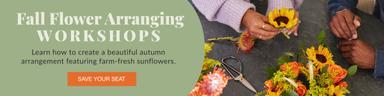 An ad for a fall flower arranging workshop at Alice's Table