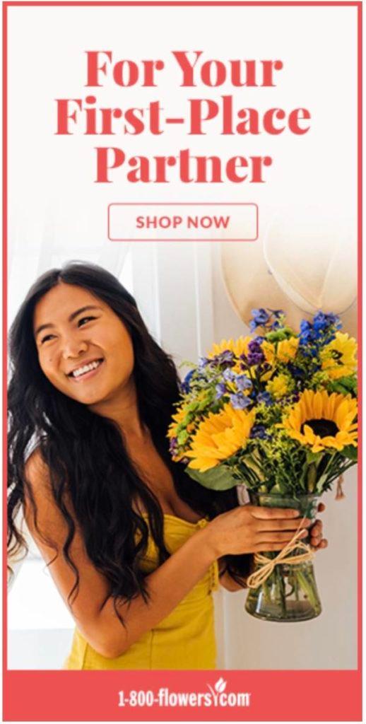 Olympics ad with sunflower bouquet and text "For Your First Place Partner."