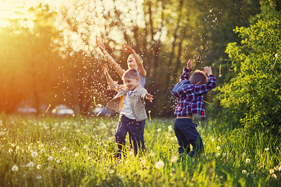 pollen free with kids laughing and playing in spring dandelion field