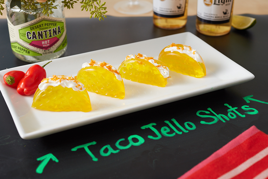 taco decor with taco jell o shots on plate