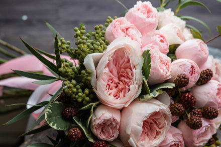 Wedding bouquet with peonies and roses