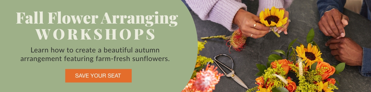 An ad for a fall flower arranging workshop at Alices Table