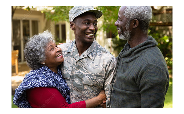 A photo of older parents welcoming their son home after a military tour.