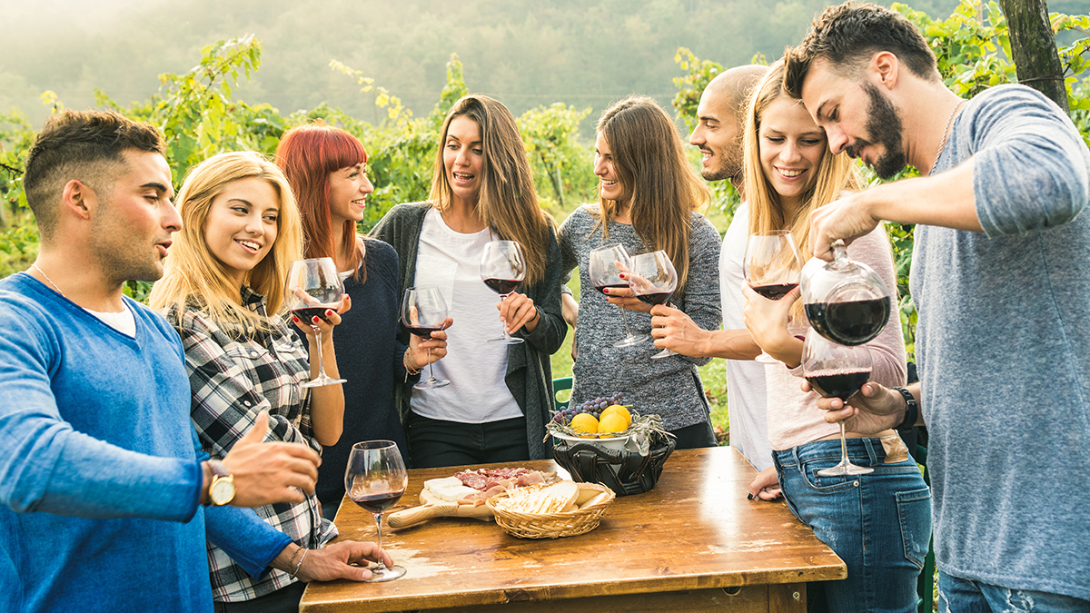 summer birthday with group of friends outdoors drinking red wine