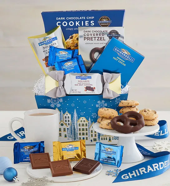 https://www.flowers.com/blog/wp content/uploads///white elephant gift ideas with Ghirardelli All that Glitters Bin