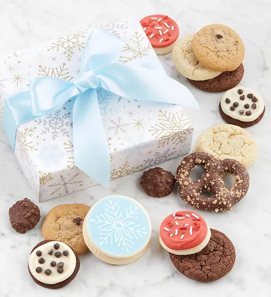 https://www.flowers.com/blog/wp content/uploads///white elephant gift ideas with Sparkling Happy Holidays Treats Gift Box